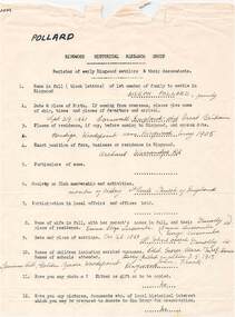 Document, Register of early Ringwood settlers and their descendants, Joseph Pollard and family, c.1950