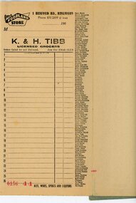 Financial record - Order book, K & H Tibb, licenced grocers, Ringwood (Victoria) - C 1960