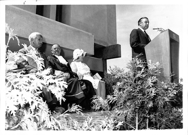 Photograph, Sir Rupert Hamer (Premier of Victoria) speaking at the opening of Ringwood Civic Centre 28-Jan-1970