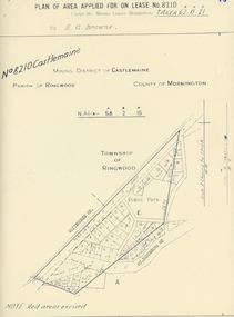Map, Department of Mines, Plan of area applied for under the mining leases regulations in the township of Ringwood between Maroondah Highway and Mt. Dandenong Road. Mining District of Castlemaine, County of Mornington, Parish of Ringwood T Area 58(A) 2 (R)15(P)  Acres, Roods, Perches. 1934, 20-Feb-34