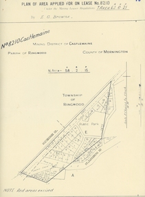 Map, Plan of area applied for under the mining leases regulations in the township of Ringwood between Maroondah Highway and Mt. Dandenong Road. Mining District of Castlemaine, County of Mornington, Parish of Ringwood T Area 58(A) 2 (R)15(P)  Acres, Roods, Perches. 1934, 20-Feb-34