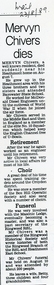Newspaper cutting, The Mail, Article from the Mail reporting the death of well known resident Mervyn Chivers 7 August 1989, Aug-89