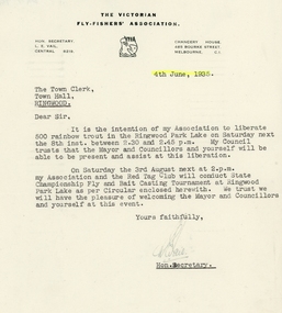 Letter, Victorian Fly-fishers' Association - 4th June,1935