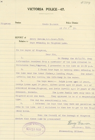 Letter, Police Report - Boys swimming in Ringwood Lake 1938, 21-Nov-38
