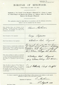 Licence Application, Mathieson, Thomas, Application to Ringwood Borough Council for Pumps, from Thomas Mathieson, Garage Proprietor 1932, 1-Aug-32
