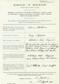Document - Licence Application, Borough of Ringwood - "Petrol Pumps Act 1928" - 1 August, 1932