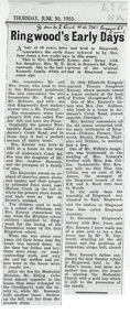 Newspaper - Cutting, "Ringwood's Early Days" Thursday, June 30, 1955