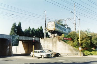 Photographs, Train riding on the buffer at the rail bridge above Wantirna Road, Ringwood - 8-Dec-1992, 8-Dec-92