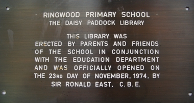 Plaque, Ringwood Primary School plaque commemorating the Daisy Paddock Library - 1974, 1974