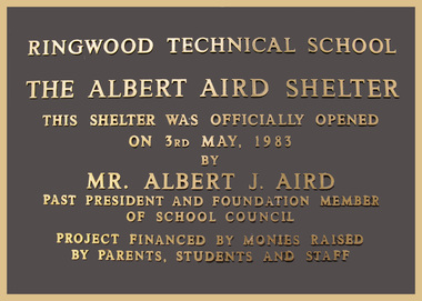 Plaque, Ringwood Technical School plaque commemorating Albert Aird Shelter - 1983, 1983