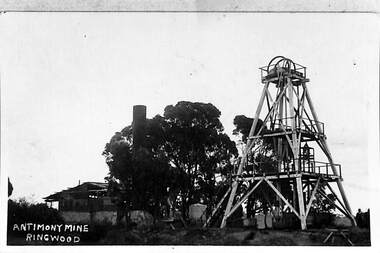 Photograph, View of the Ringwood Antimony Mine, buildings and headframe. C1900, c. 1900