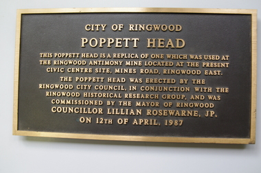 Plaque, City of Ringwood replica Antimony Mine Poppet Head commemorative plaque - 1987, 1987