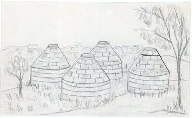 Work on paper - Pencil sketch, Artist unknown, initials D.M, Sketch of pottery kilns at East Ringwood, corner of Velma Grove and Mount Dandenong Road (Oxford Road).  Kilns shut down in 1926, c.1926