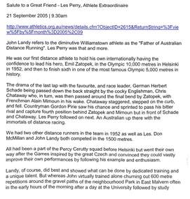 Document - Recollection, Clarke, Ron, Obituary to athlete and Ringwood resident Les Perry by Ron Clarke - 2005, 21-Sep-05