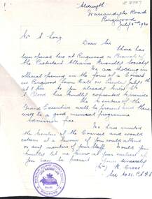 Letter, Ringwood Protestant Alliance Friendly Society - Letter 1930 from Mr Cross to Mr Long (with their official stamp)