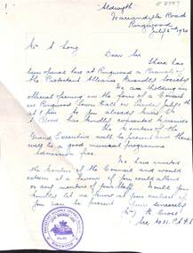 Letter, Ringwood Protestant Alliance Friendly Society - Letter 1930 from Mr Cross to Mr Long (with their official stamp)