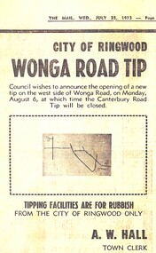 Newspaper - Newspaper Cutting, City of Ringwood, Victoria - opening of Wonga Road Tip by the council - 1973