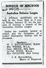 Document - Cuttings and letters, Australian Defence League - Ringwood branch, 1939-1945