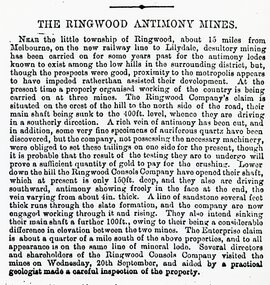Newspaper - Clipping, The Ringwood Antimony Mines, 26-Sep-1882