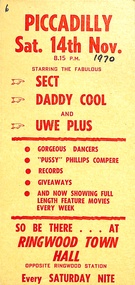 Souvenir - Tickets, Ringwood Town Hall Piccadilly tickets 1970 (x2), 14-Nov-1970 and 20-June-1970