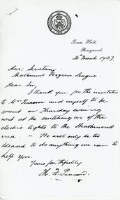 Letter - Invitation acceptance, H.F. Pearson, Electric light connection to Heathmont, Victoria - 1937, 20-Mar-37