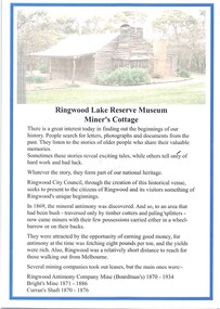 Pamphlet, Ringwood Historical Research Group, Ringwood Miners Cottage and Poppet Head. 1990s