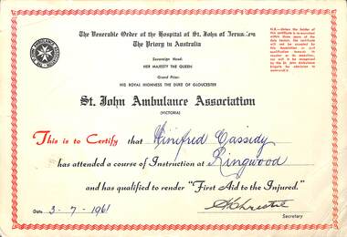 Certificate, St John Ambulance Certificate presented at Ringwood to Winifred Cassidy 1961, 1961