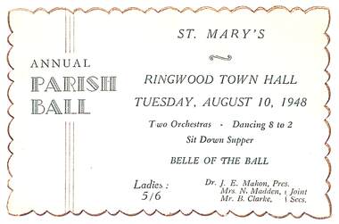 Memorabilia, Ticket for St Mary's Annual Parish Ball, Ringwood, Victoria - 1948, 10-Aug-48