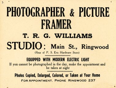 Poster, Williams, T.R.G, Advertisement T.R.G. Williams Ringwood, Victoria - circa 1920