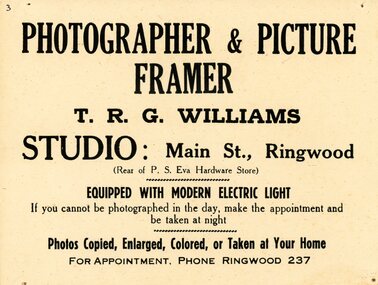 Poster, Williams, T.R.G, Advertisement T.R.G. Williams Ringwood, Victoria - circa 1920