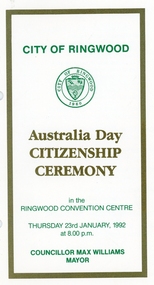 Booklet - Programme, City of Ringwood, Australia Day Citizenship Ceremony 1992, 23rd. January 1992
