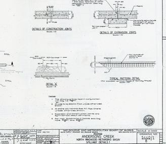 Plan - plans, Metropolitan board of Works, Metropolitan Board of Works plans of North Ringwood retarding basin, energy dissipaters and spillway details, 1979, 31-May-79