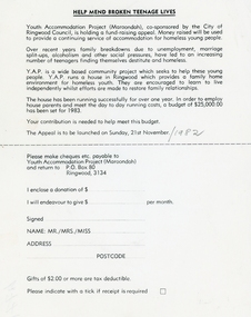 Flyer, Youth Accommodation Project (Maroondah) - Ringwood, Victoria, 21-Nov-82