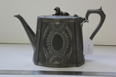 Teapot, Antimony-based Britannia metal teapot - only display item recovered from replica Antimony Miner's Hut destroyed by fire at Ringwood Lake Park circa 2006, <1860