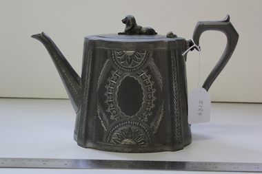 Domestic object - Teapot, Antimony-based Britannia metal teapot - only display item recovered from replica Antimony Miner's Hut destroyed by fire at Ringwood Lake Park circa 2006, <1860