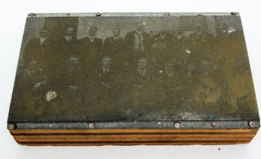 Equipment - Printing Block, Laminated wooden block with metal sheet nailed on one side with a picture of the trustees of M.U.I.O.O.F. Ringwood Area 1914, 1914