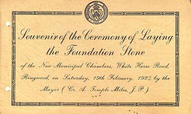 Souvenir - Programme, Laying of the Foundation Stone, 19-Feb-27