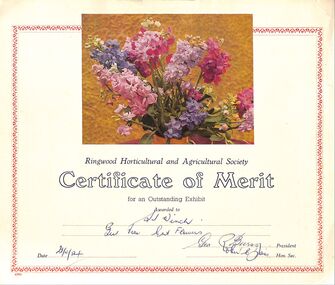 Certificate, Set of 6 certificates of Merit for outstanding exhibits at the Ringwood Horticultural & Agricultural Society - 1954-1971, 1954 - 1971