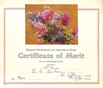 Certificate, Set of 6 certificates of Merit for outstanding exhibits at the Ringwood Horticultural & Agricultural Society - 1954-1971, 1954 - 1971