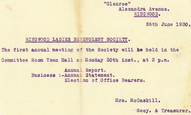 Document, Ringwood Ladies Benevolent Society 1929-1939