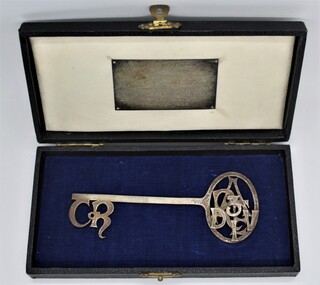 Memorabilia - Key in Box, Presentation Key in box: "Presented to R.A.E. 3 Div by the Council of the City of Ringwood on the occasion of granting of the Freedom of Entry to the Municipality 27th March, 1965.", 27-Mar-66