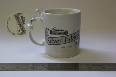 Commemorative Mug, Coloroll, England, Cadbury Ringwood Silver Jubilee ceramic mug, 1992