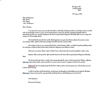 Letter, Cheevers, Margaret (Mayor), Letter from Margaret Cheevers to Desmond Lindsay referring to his work on the history of the site of the City of Ringwood Bowls Club - 2/08/1994, 2-Aug-94