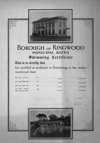 Certificate, Borough of Ringwood- Municipal Baths. Swimming Certificate c1950's