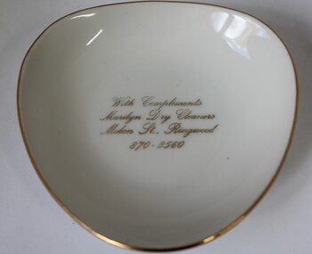 Souvenir - Dish, small, Fine China Australia, Westminster China, Small ovoid shaped Westminster China dish - cream with narrow gold rim and gold inscription - With Compliments, Marilyn Dry Cleaners, Molan Street, Ringwood 870-8560