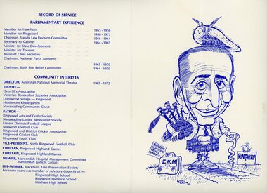 Programme, Ringwood Jaycees, Menu and programme for a 1973 Testimonial Dinner - James W, Manson, Victorian Parliamentarian and former Member for Ringwood, 3-Jul-73