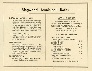 Brochure, Ringwood Swimming Pool (Baths). Brochure c1940's, c. 1940s