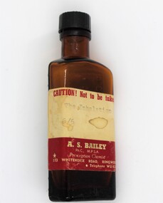 Container, A.S. Bailey, Brown Glass Bottle of inhalation dispensed by A.S. Bailey Chemist Ringwood. C1950, c. 1950