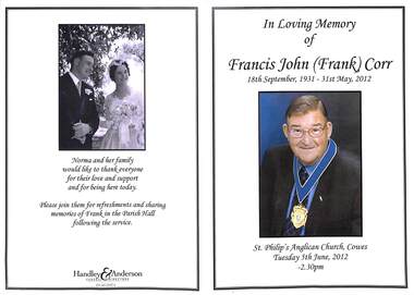 Programme, Funeral Service for Francis John (Frank) Corr. 1931-2012