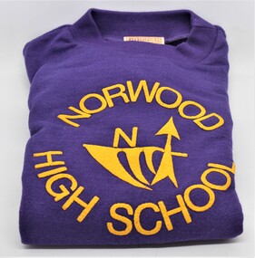 Uniform - Windcheater, Rugger, School windcheater - purple with yellow lettering and logo - Norwood High School circa 1980, c.1980